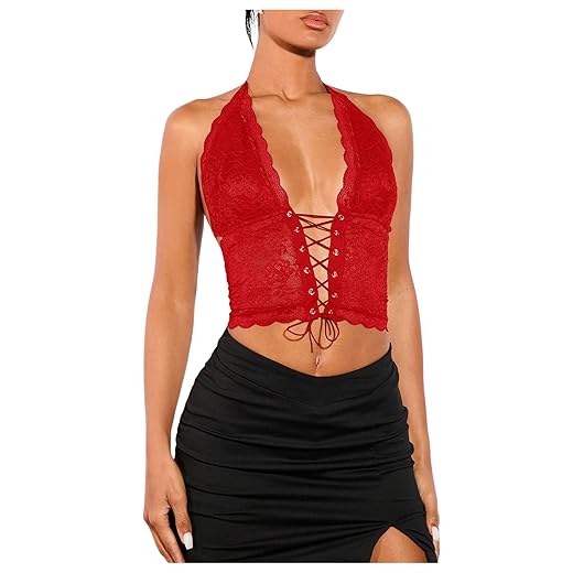 Women's Sexy Lace Corset Top Halter Neck Lace Up Front Crop Top Y2K Backless Tie Tank