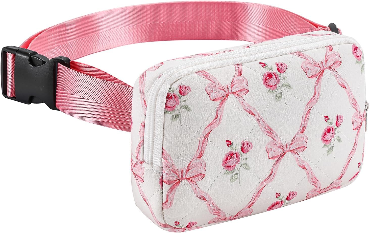 JOVAKIT Quilted Cotton Fanny Pack for Women Girls, Fashion Waist Packs with Adjustable Strap, Floral Coquette Running Waist Packs, Zipper Fanny Pack Crossbody Bags Travel Storage Bag (Pink Bow) - Image 2