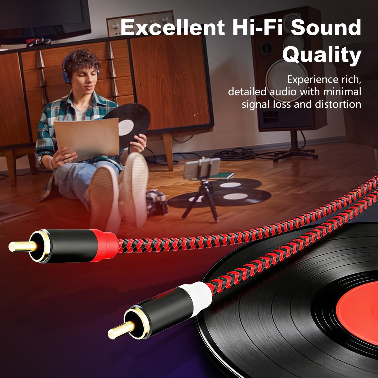 Cavo RCA 3,66 m, 2 RCA maschio a 2 RCA maschio, cavo audio stereo subwoofer [suono Hi-Fi], cavo audio ausiliario intrecciato in nylon per Home Theater, HDTV, amplificatori, sistemi Hi-Fi, altoparlanti