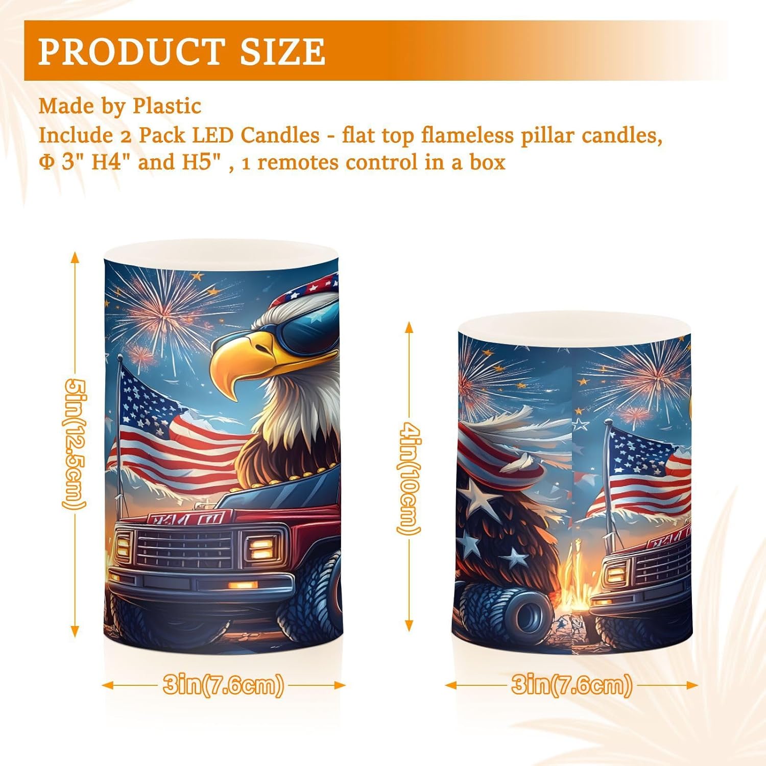 ALAZA American Flag Truck Parrot Flickering Flameless Candles Pillar Led Candles Battery Operated Candles with Remote and Timers Set of 2