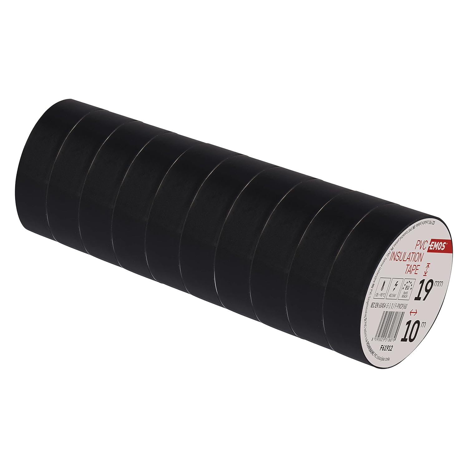 EMOS PVC Insulation Tape, Black, Pack of 10, 19 mm x 10 m, 0.13 mm Tape Thickness, Self-Adhesive, High Tensile Strength and Application Temperature Range, UV-Resistant, Waterproof Connection, Without