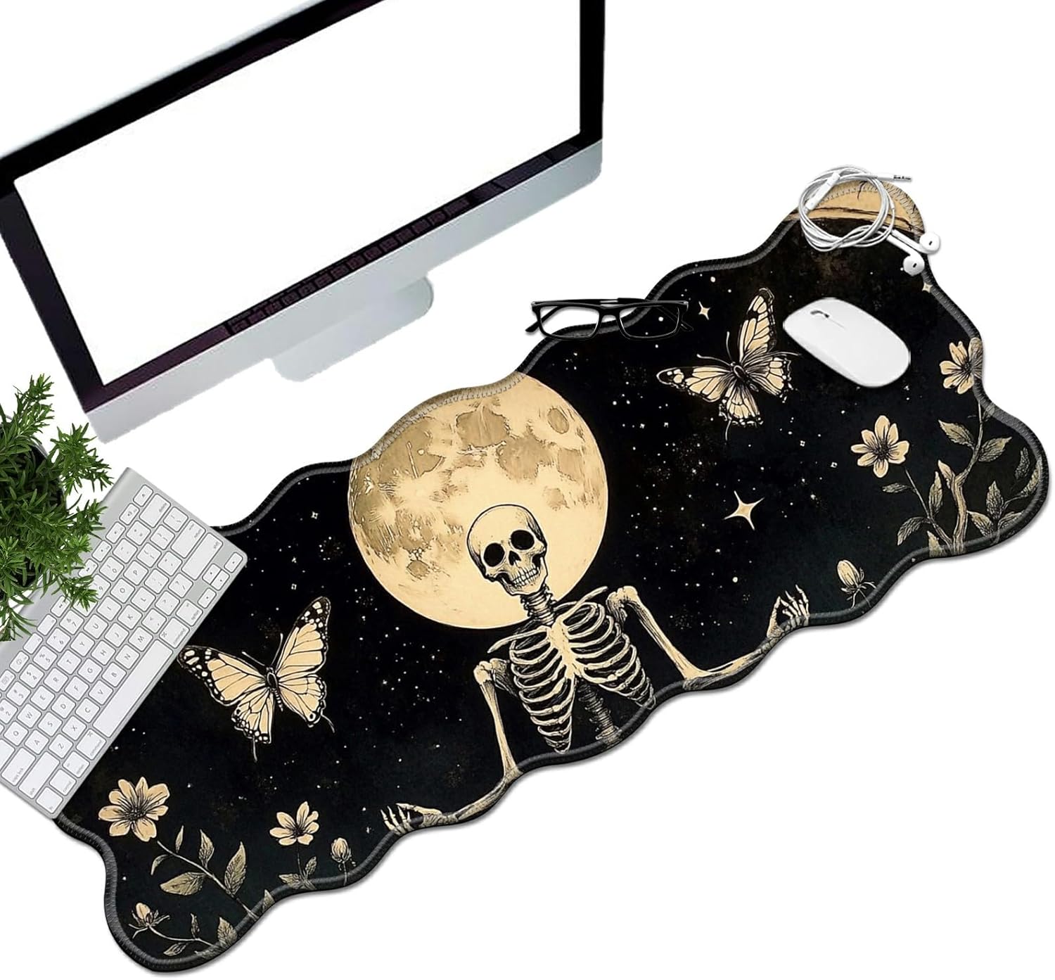 White Cat Flower Desk Mat Mouse Pad 31.5" x11.8" XL Extended Mousepad Huge Mouse Pads with Stitched Edges Desk Pad for Work, Game, Office, Home
