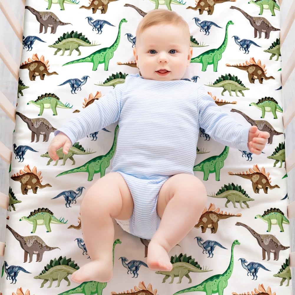 Set di 4 lenzuola per culla per bambino, morbide, con angoli, per cantiere, camion o dinosauro, traspiranti, per neonati (dinosauro, lenzuola per culla)