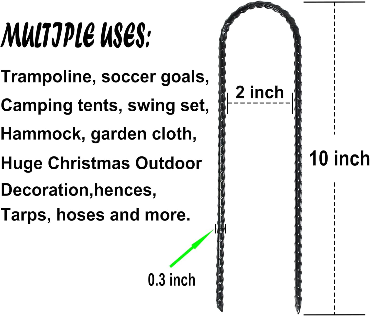 10-Inch Trampoline Wind Stakes U Shaped Rebar Ground Stakes Ground Anchors for Trampoline Security, Swing Set, Camping, Fences, Hoses and More (20, Black)