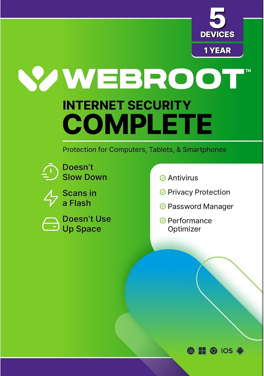 Seguridad de Internet Webroot completa | Software antivirus 2026 | 5 Dispositivo | Tarjeta de acceso de 1 año para PC/Mac/Chromebook/Android/IOS + Administrador de contraseñas, Optimizador de rendimiento y copia de seguridad en la nube | Versión empaquetada
