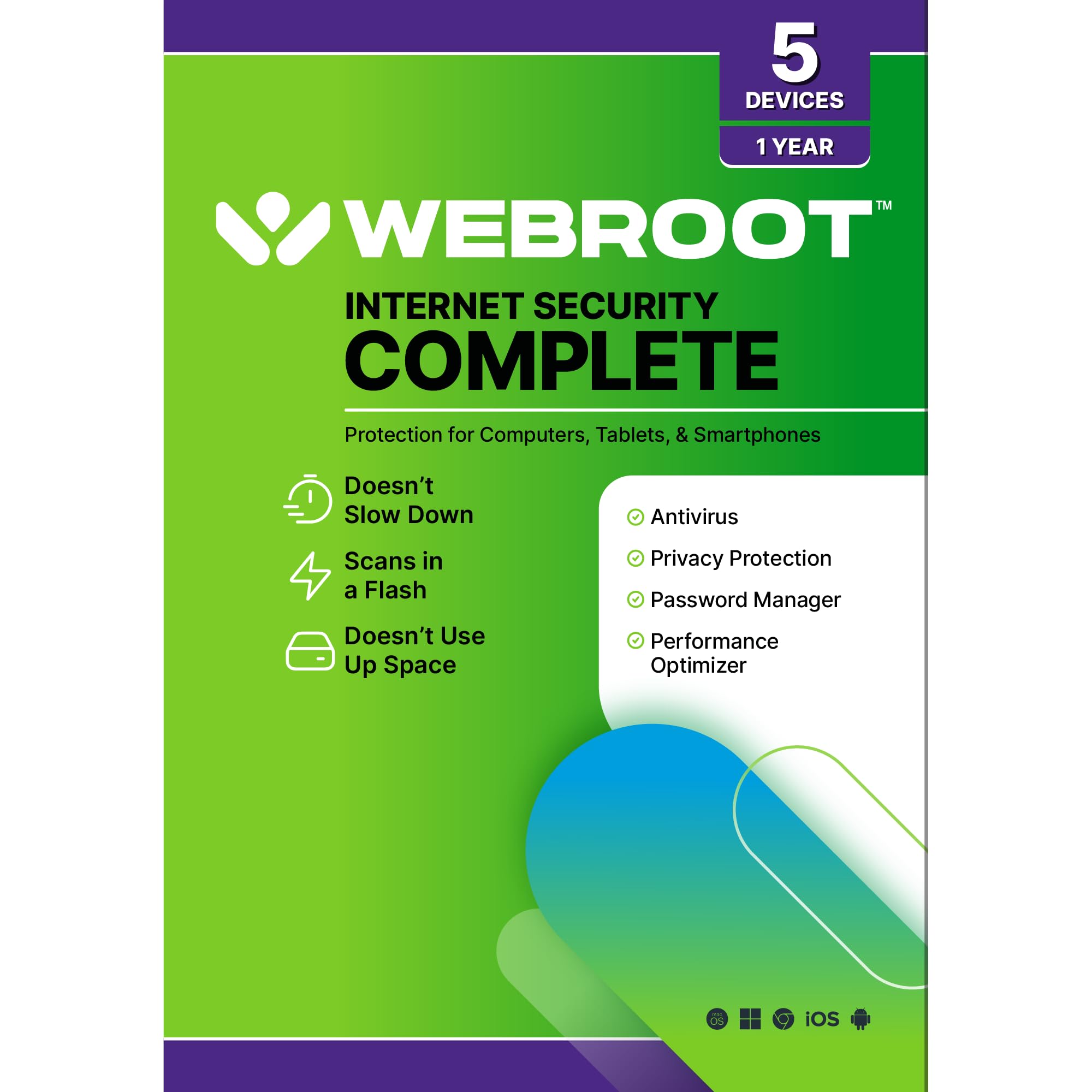 Webroot Internet Security Complete | Antivirus Software 2026 | 5 Device | 1 Year Keycard for PC/Mac/Chromebook/Android/IOS + Password Manager, Performance Optimizer and Cloud Backup | Packaged Version
