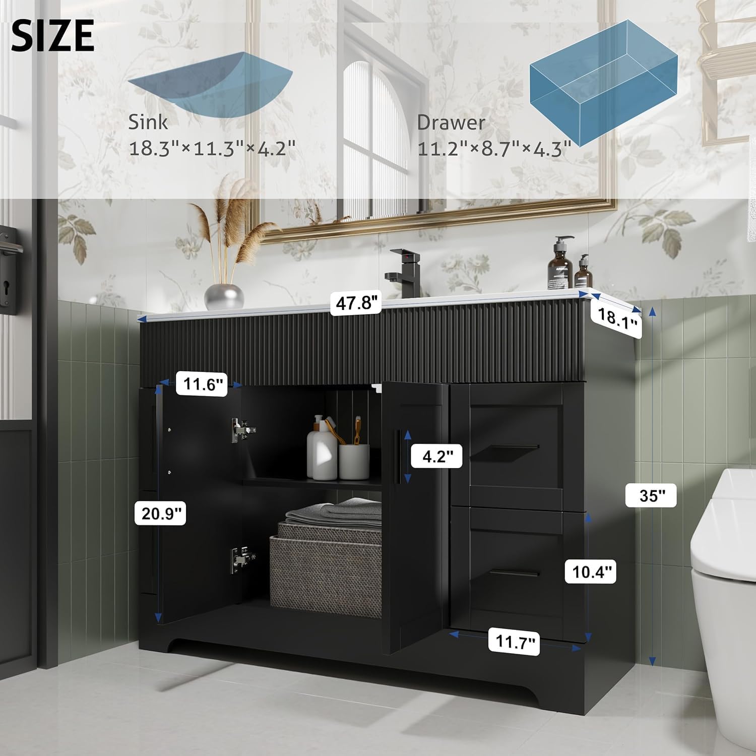 eclife 48" Bathroom Vanities Sink Combo with Painted Surface, Modern Drawered Cabinet W/Decorative Wave Lines, Undermount Single Sink, Matte Black Faucet Drain, Black