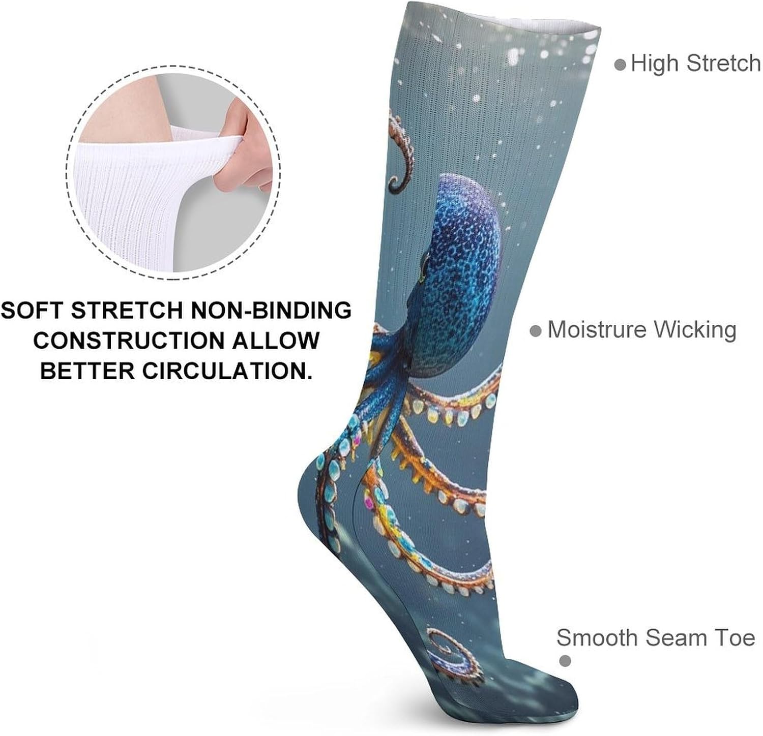 Octopus Crew Socks Cozy Casual Calf Socks Lightweight Long Work Sock Breathable Athletic Sock for Hiking Sports Running 5 Pairs