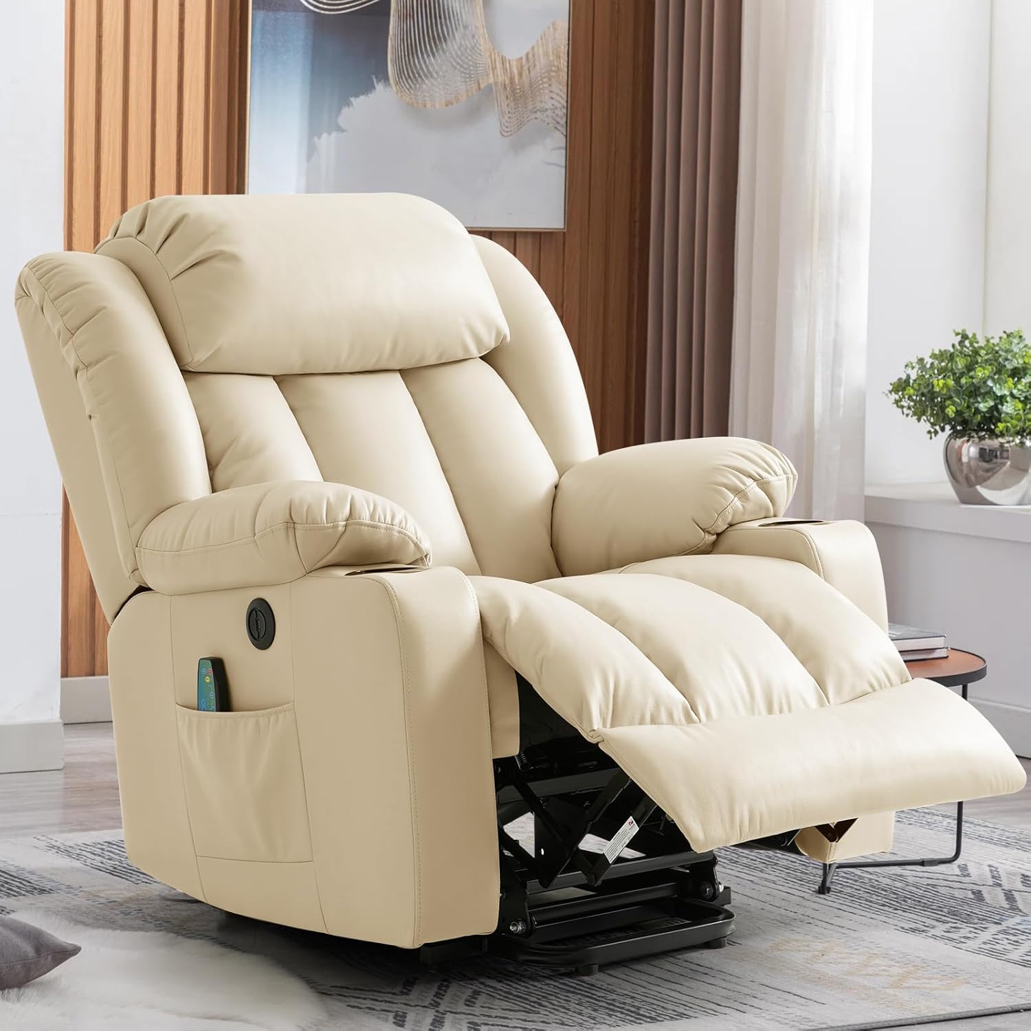 Power Lift Recliner Chair for Elderly, Electric Recliner Chairs for Adults with Massage and Heat, Cup Holders, Remote Control, USB Ports, Side Pockets, Leather (Cream)