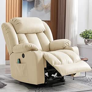 Power Lift Recliner Chair for Elderly with Massage and Heat, Leather, Cream
