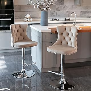 Swivel Bar Stools Set of 2, Adjustable Height (25-33 Inch) Velvet Upholstered Seats with Chrome Base, for Kitchen Island, Home Bar Breakfast Nook and Entertaining, Khaki