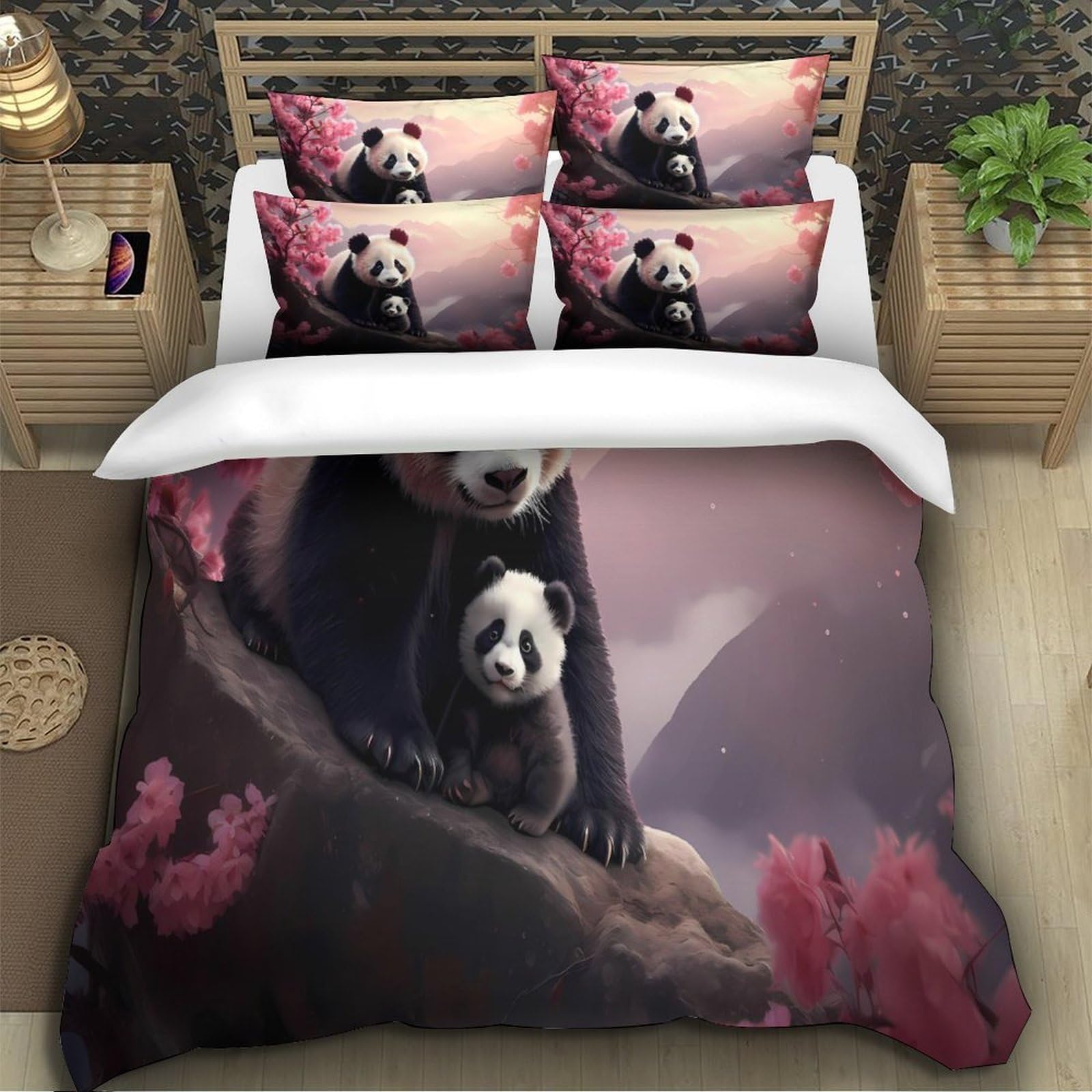 Panda-Pärchen Bettbezug 3 Teilig Mikrofaser Reißverschluss Hautfreundlich Bettdeckenbezug 3D Gedruckt Weich Kuschelig mit Kissenbezug Schlafkomfort for Teen Jungen & Fans King（220x240cm）