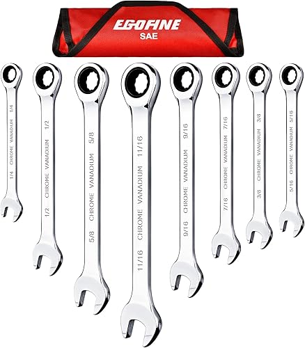Miniatura 1 de Egofine Juego de llaves de trinquete de 8 piezas, juego de llaves SAE de acero Cr-V de 14 a 1116 pulgadas, llave de trinquete de 72 dientes, extremo