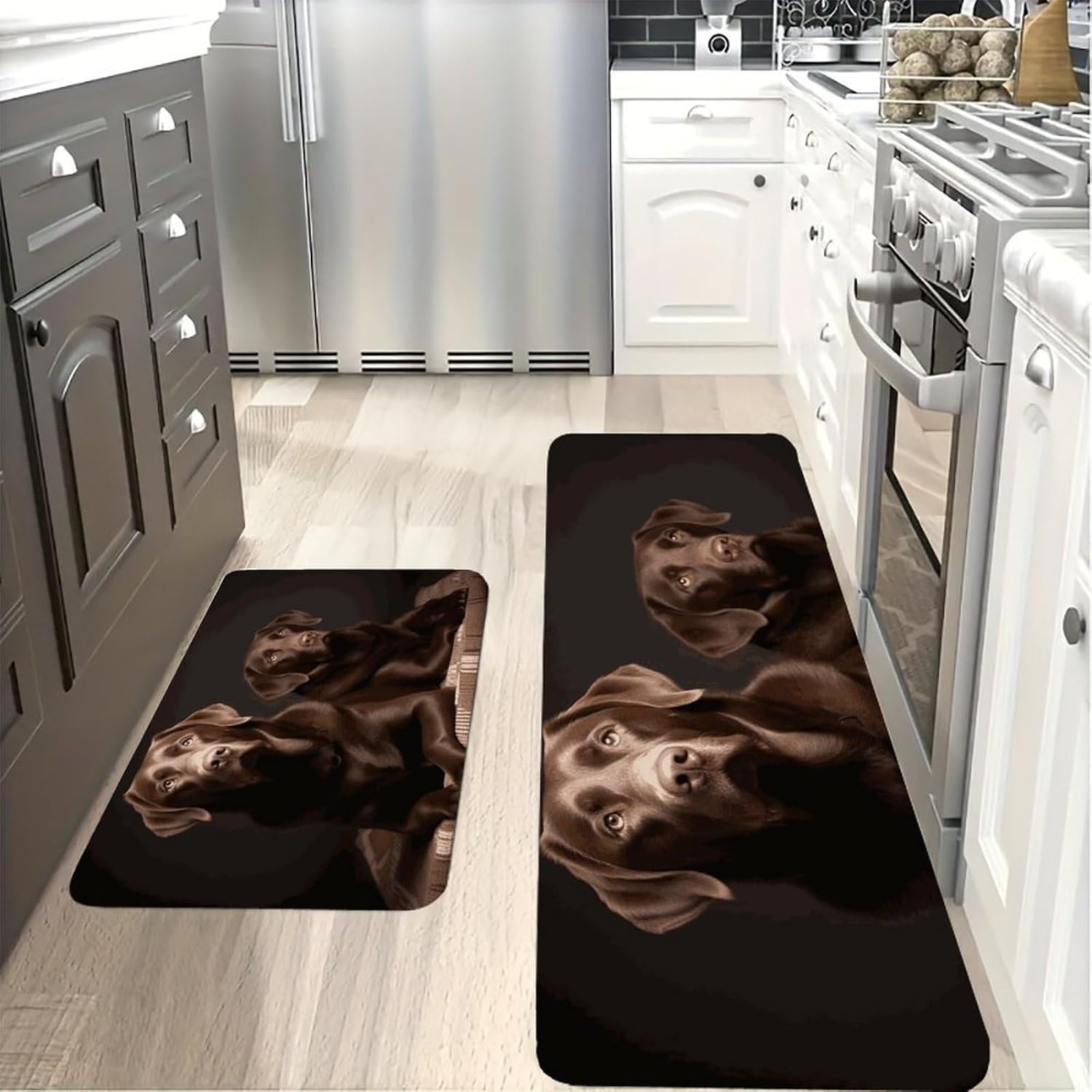 Brown Labrador Retriever Kitchen Rug Set of 2 (16"x24"+17"x47") - Non-Slip Washable Kitchen Mats for Floor, Absorbent Flannel Floor Mat Comfort Standing Mat for Sink, Laundry, Office