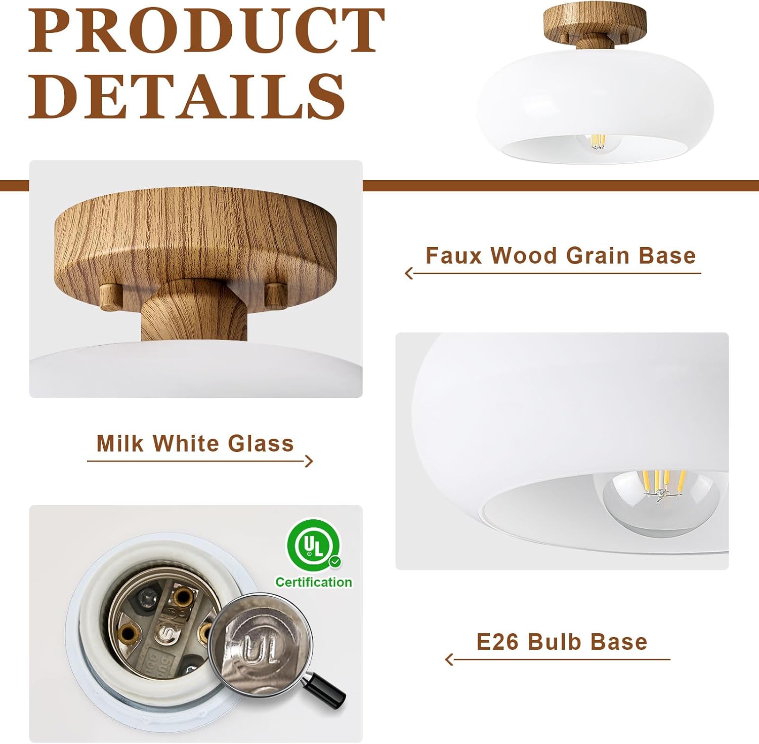 WOKNOS Mid-Century Modern Semi Flush Mount Ceiling Light, Faux Wood Kitchen Ceiling Light Fixture with Glass Shade, Mini White Close to Ceiling Lamp for Entryway Hallway Bathroom (11.0 Inch)
