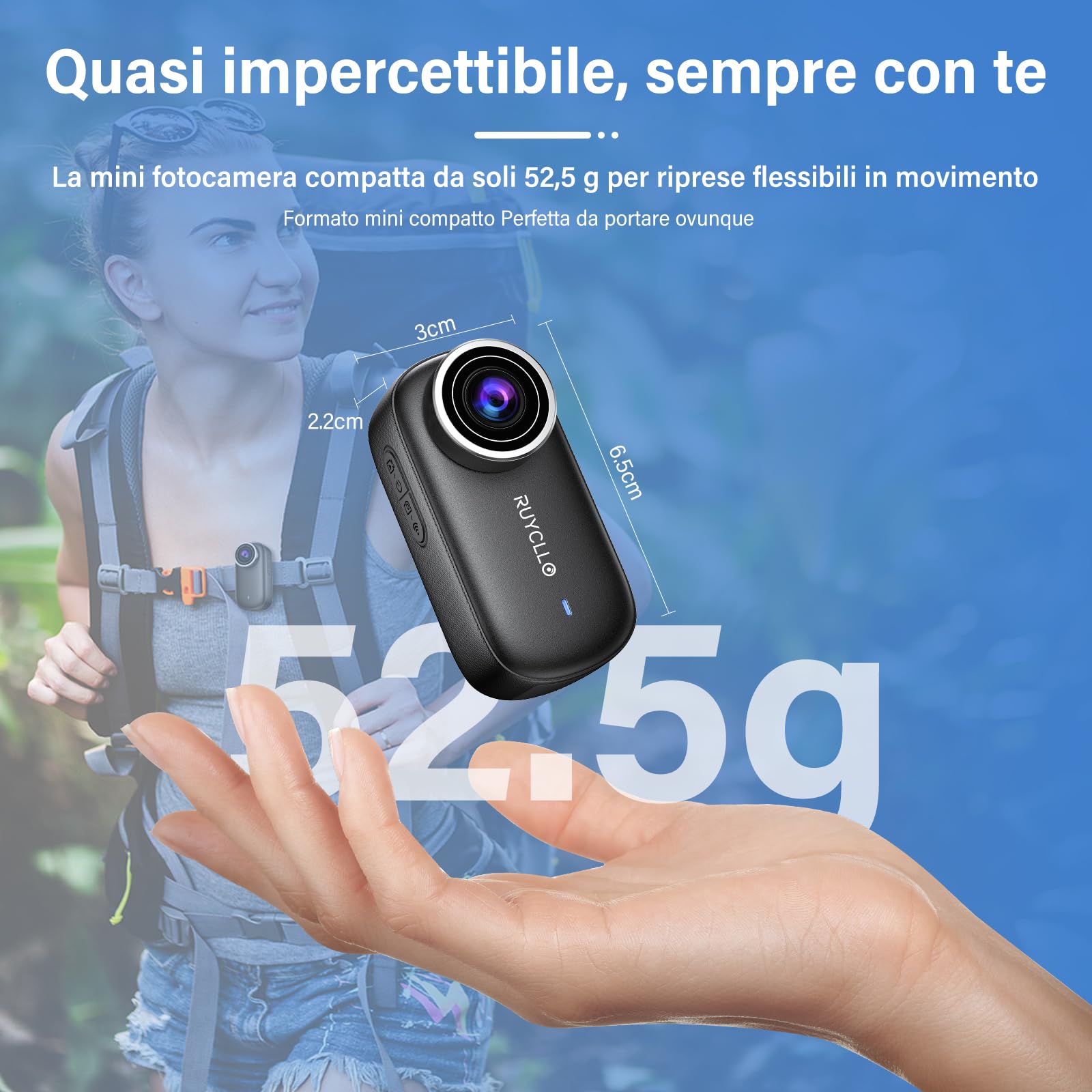 4K Mini Action Cam 20 MP Body Cam - Scheda 64GB | Mini Camera con Stabilizzazione EIS a 6 Assi, HDR, Grandangolo 145°, WiFi APP, Telecamera Magnetica per Moto, Casco, Vlog