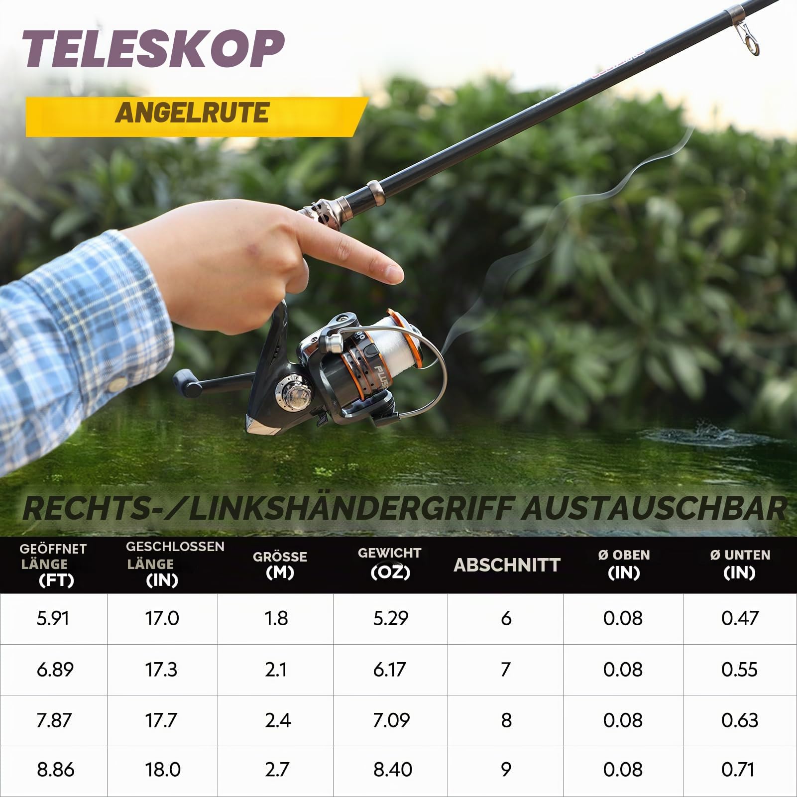 PLUSINNO Angelruten- und Rollen-Kombinationen, Teleskop-Angelrute aus Carbonfaser mit Rolle, Kombi-Set für Meeres-, Salzwasser- und Süßwasserfischen
