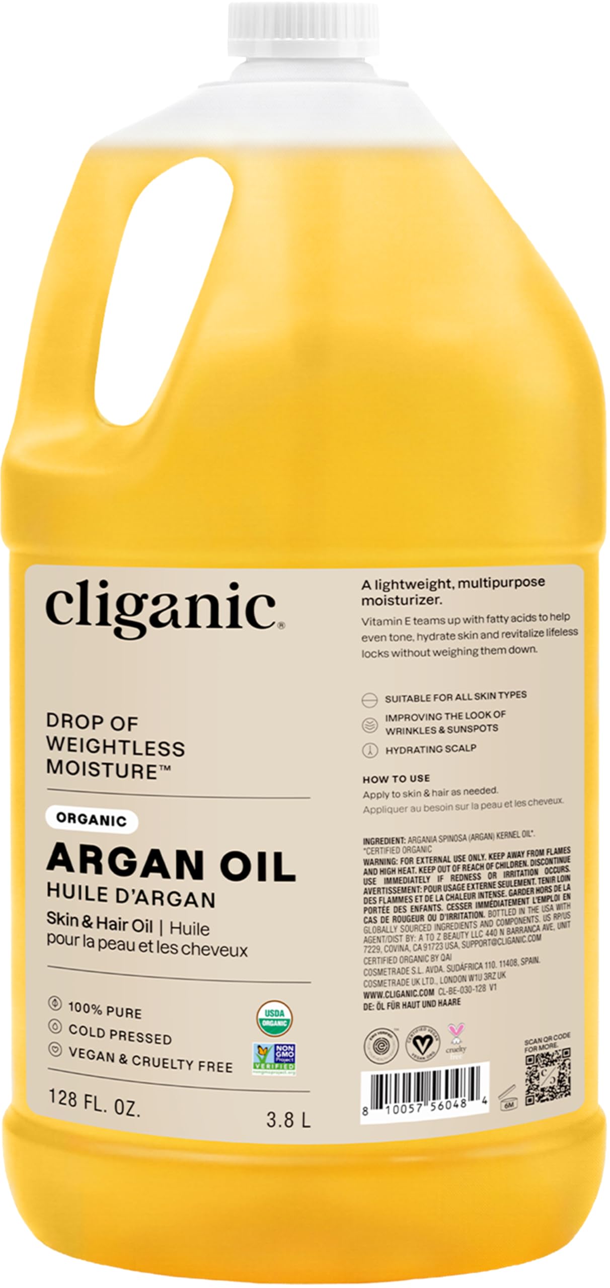 Cliganic Organic Argan Oil Bulk, Gallon Size 128oz, 100% Pure, Non-GMO