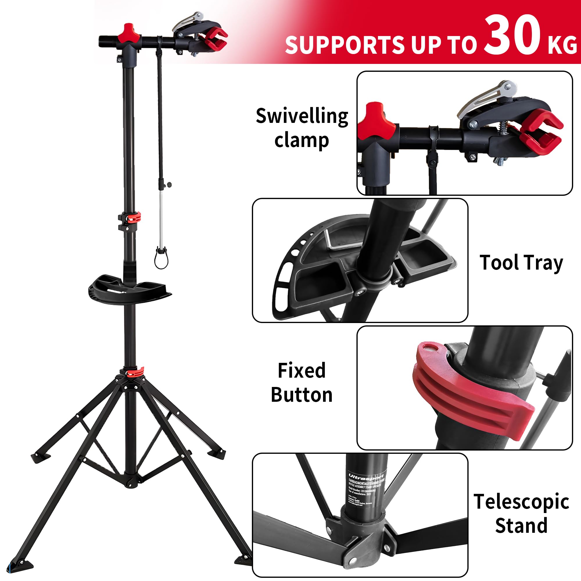 Soporte de trabajo para bicicleta, altura ajustable, soporte de reparación de bicicletas, estación de mantenimiento plegable con bandeja de herramientas, abrazadera giratoria de 360 grados para