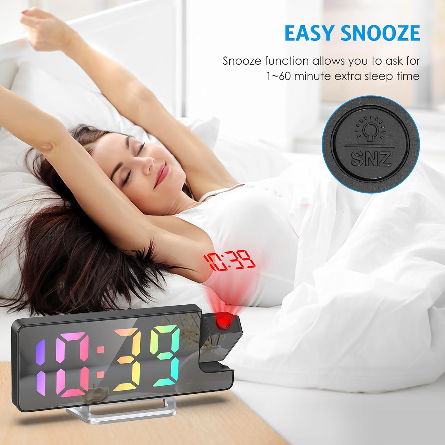 Woman stretching in bed with AMIR Projection Alarm Clock showing snooze function