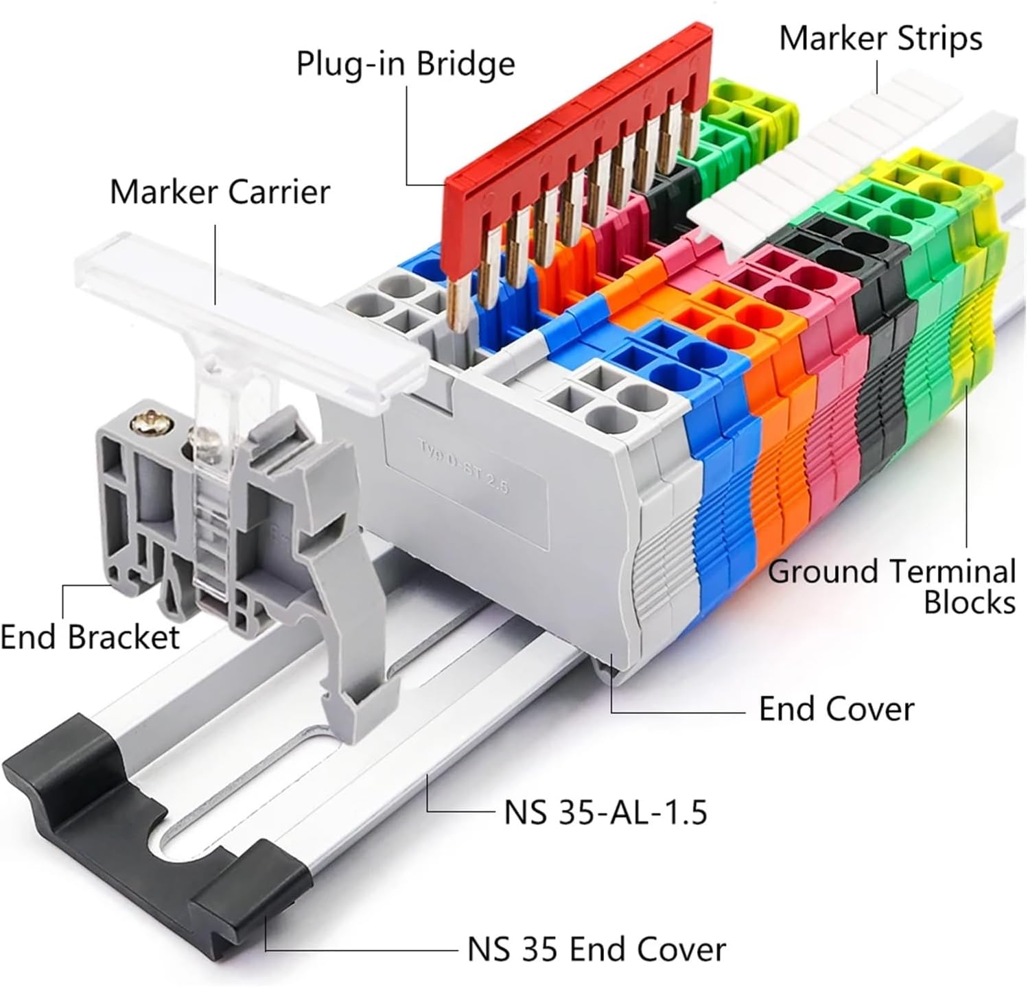 ST2.5 Din Rail Spring Terminal Block Kit End Cover Stop Plug-In Jumper Bridge Marker Strip Assembly Combined 12AWG 1Set VUQLDHAYZ