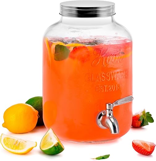 Kook Glass Drink Dispenser, with Leak-Proof Stainless Steel Spigot, Clear Mason Jar, Beverage Storage for Fridge, for Water, Iced Tea, Sangria, Lemonade, 1 Gallon