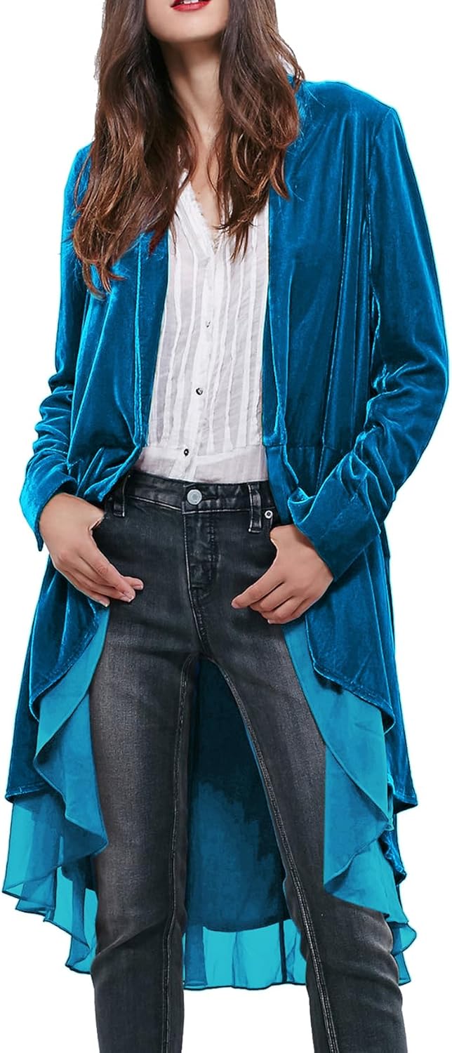 R.Vivimos Womens Ruffled Asymmetric Long Velvet Blazers Coat Casual Jackets
