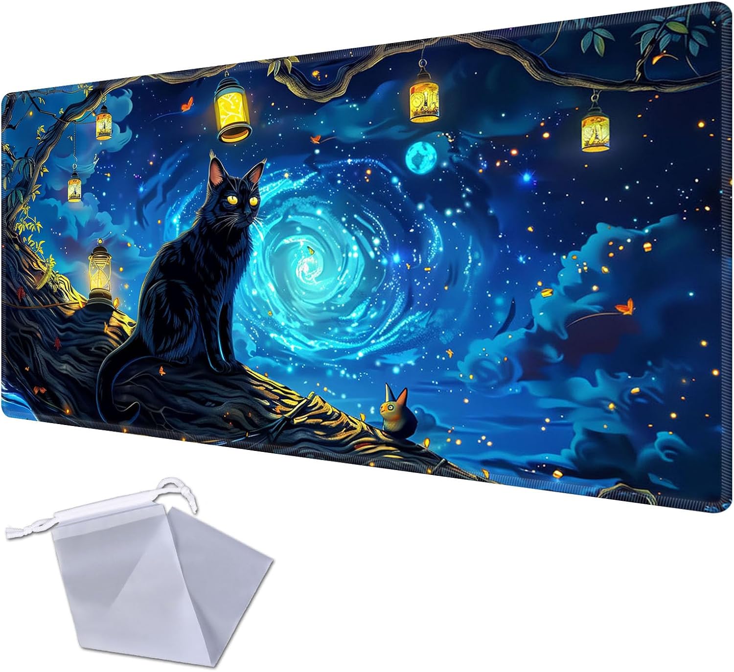 Patterned Gaming Playmat Compatible with MTG, Card Game Mat with Stitched Edges, Natural Rubber Desk Pad with Transparent Drawstring Bag, 27.6 x 15.7 Inch, A Mysterious and Stealthy Feline