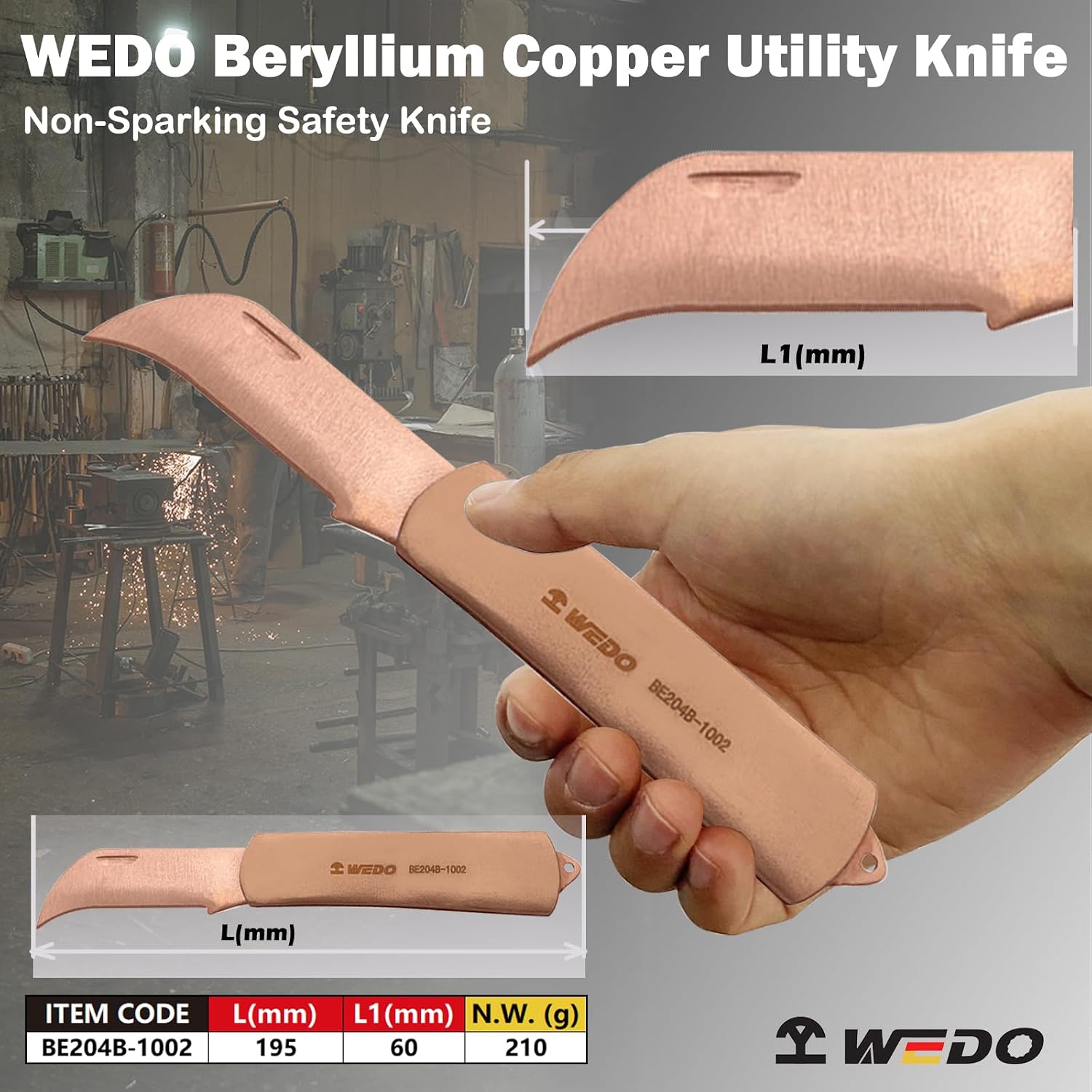 WEDO Non-Sparking Electrician Knife,7.6"(193mm) Cable Knife,Beryllium Copper,Non-magnetic,Fixed Blade Knife for Cable Skinning,Electrician Knife for Petro-chemical,Oil Production,BAM/FM Certificate