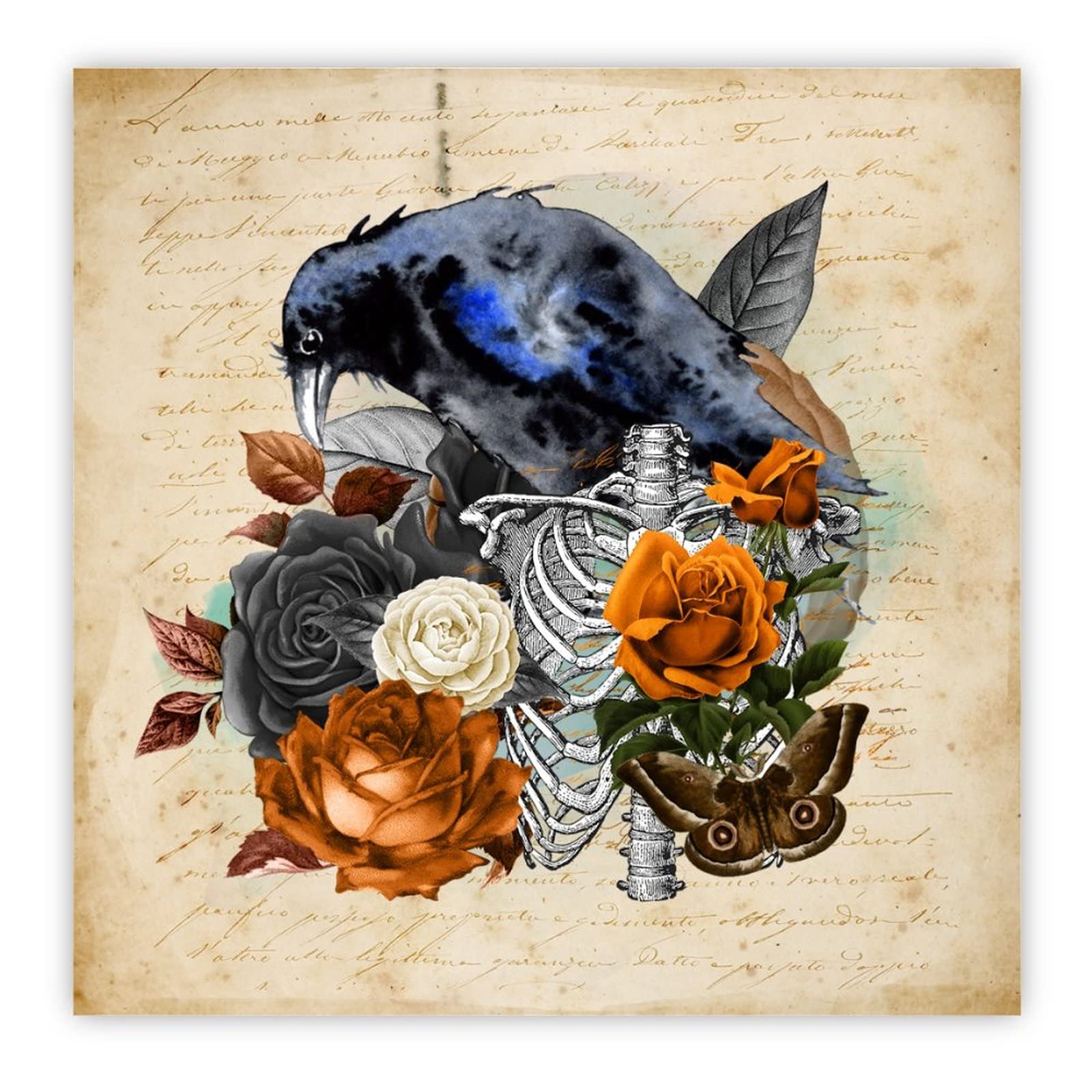 Tableau bois Raven on Skull décoration murale d'art pour salon