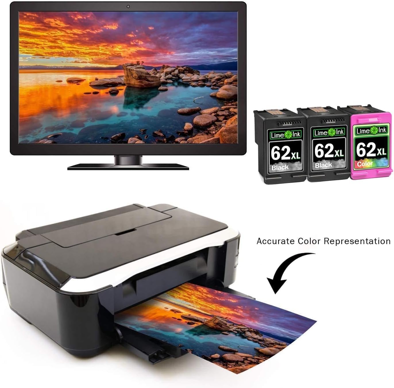 Limeink 3 Remanufactured Ink Cartridge Replacement for HP 62xl Ink Cartridges Black and Color for HP 62 XL for hp 62xl Cartridge Combo Pack Black and Color Combo 2 Black + 1 Color