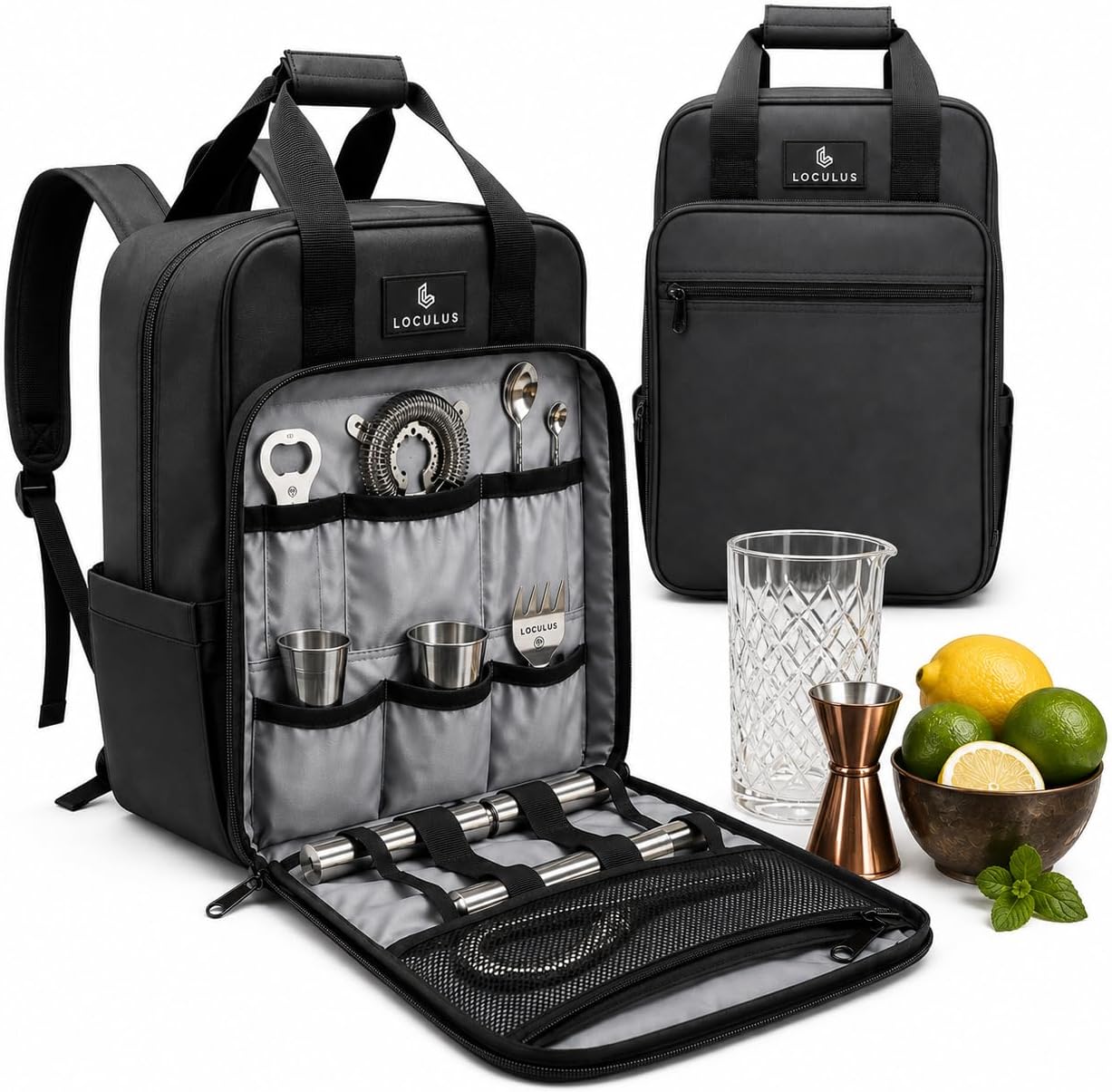 Loculus Bartender Bag – Professional Travel Backpack for Bartending Tools, Bottles, Cocktail Accessories & Bar Essentials – Adjustable Organizer – Black/Gray