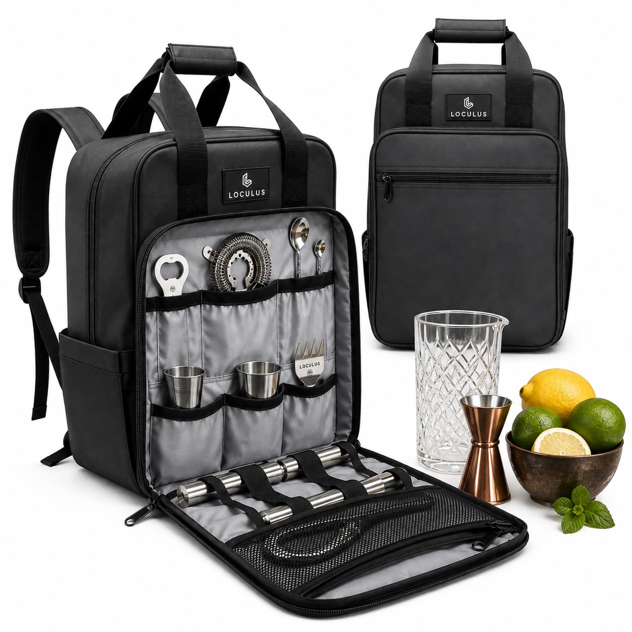 Loculus Bartender Bag – Professional Travel Backpack for Bartending Tools, Bottles, Cocktail Accessories &amp; Bar Essentials – Adjustable Organizer – Black/Gray