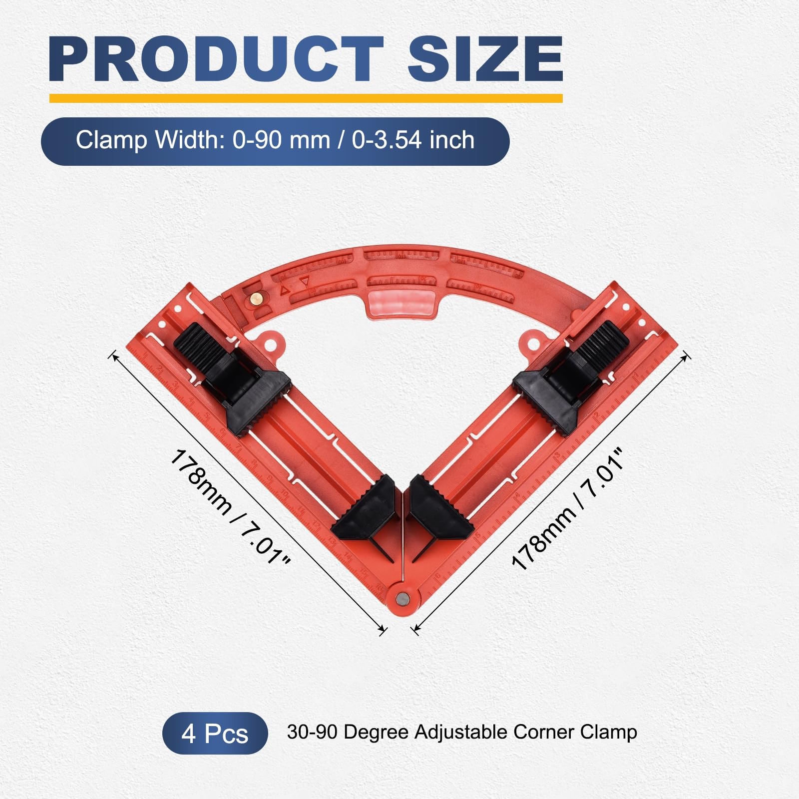QUARKZMAN 4 Pezzi Morsetto Ad Angolo Retto 7.01" (178 mm) Plastica ABS Regolabile 30-90 Gradi Morsetto Per Cornici Attrezzi Per Fai Da Te E Lavorazione Del Legno Progetti Di Bricolage