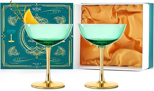 Copas Art Deco de colores Coupe  Juego de 2  Cristalería de cóctel clásica de 12 onzas para champán, Martini, Manhattan, Sidecar, Crystal Speakeasy