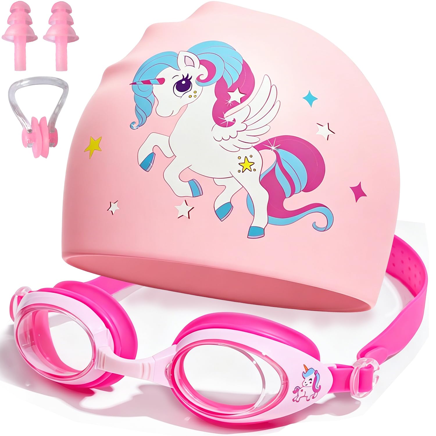 Kids Swim Goggles Unicorn Swim Cap with Silicone, Unicorn Swimming Cap for Kids, Childrens Swimming Goggles Anti-Fog Waterproof, Adjustable Stretchable Swim Hat for Kids-S