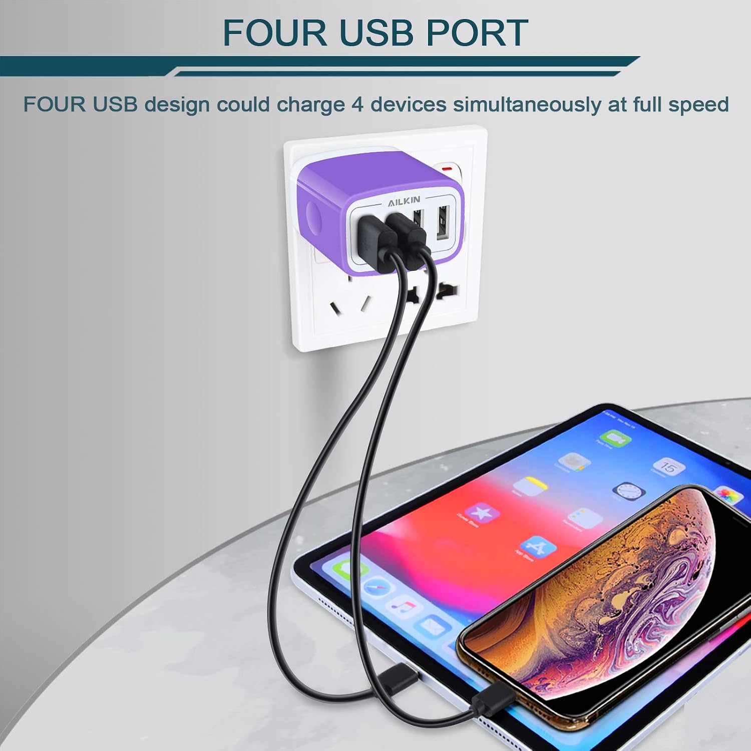 Wall Charger, USB Charger Adapter, AILKIN 4.8A 4Multi Port Fast Charging Station Power Base Block Plug Cube Brick for iPhone, iPad, Samsung Galaxy, Moto, Google Pixel, Kindle Fire Plug Cargador Carro