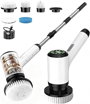 Cordless Electric Spin Scrubber with 5 Brush Heads, White-te1