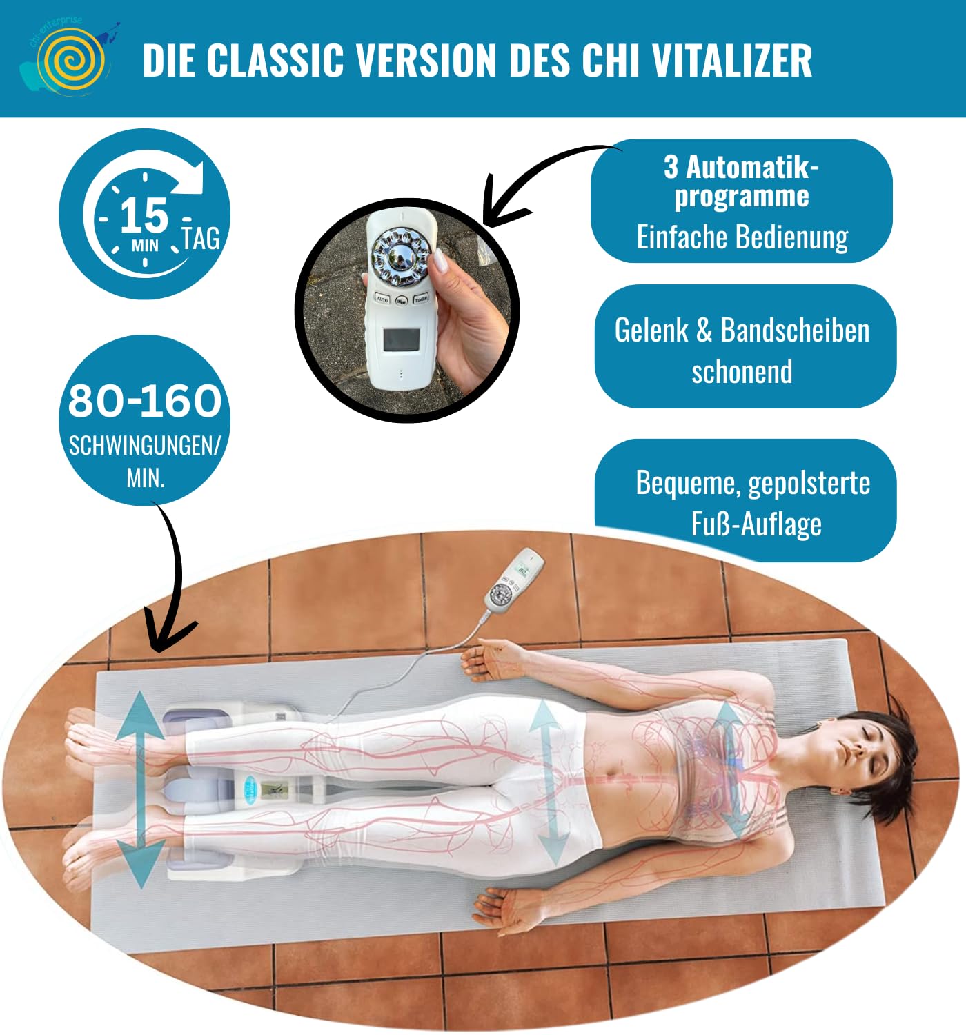 Chi Maschine Vitalizer Classic – Chi-Massagegerät mit LCD-Regler, 3 Programmen & 80–160 Bewegungen/Min. | Leiser Betrieb | Rhythmische Fischbewegung für Chi-Fluss & Vitalität von CHI-ENTERPRISE