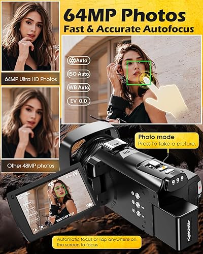 Miniatura 3 de Videocámara de cámara de video 5K, cámara de vlogging WiFi de 64MP para YouTube con zoom óptico 8X, pantalla táctil IPS giratoria de 3.5 pulgadas