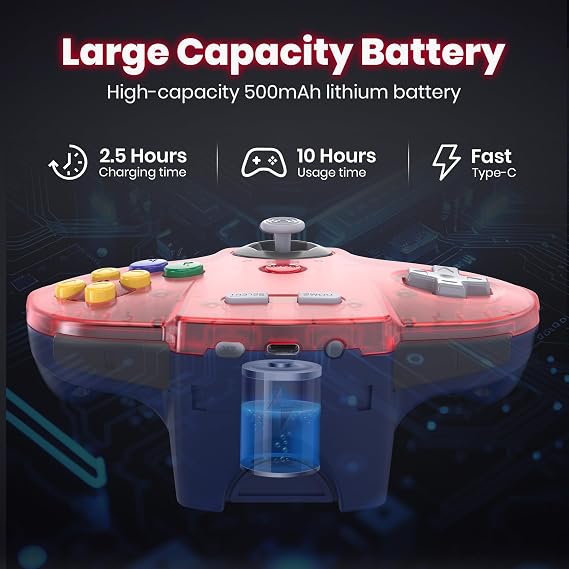 miadore Wireless Switch N64 Controller For Switch 1/2/OLED/Lite/N64 Console | PC Controller with 2.4GHz USB & N64 Receiver,Plug & Play,Built-in Rumble,For Switch NSO,PC,Mac OS,Raspberry PI (Clear Red)