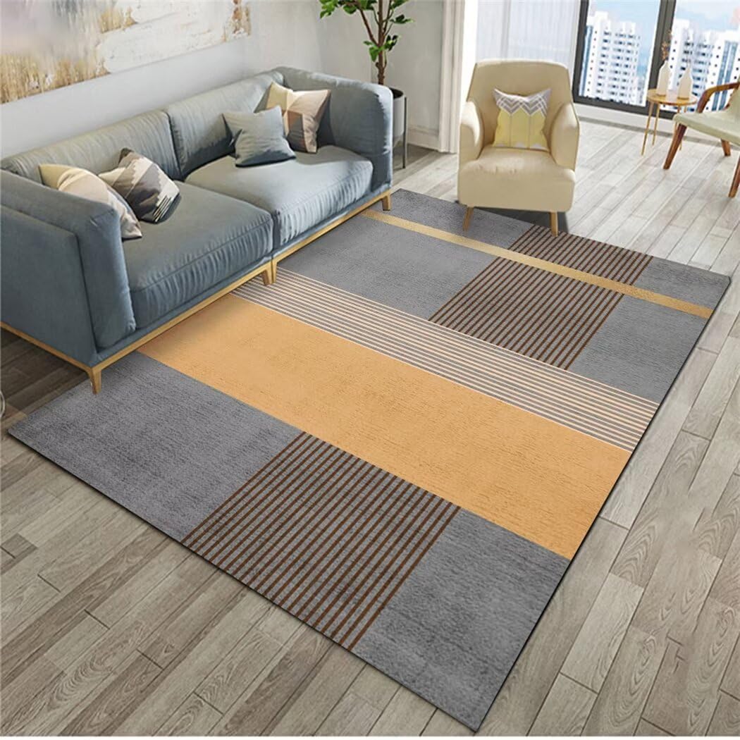 Tapis de chambre moderne et deco de salon geometrique gris orange pour entree et cuisine