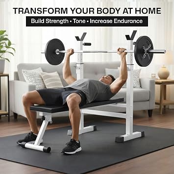 MAXSTRENGTH Weight Bench with Adjustable Barbell Rack Height Multifunctional Foldable Home Gym Exercise Dip Station Workout Incline Decline Flat Bench Press Fitness Training