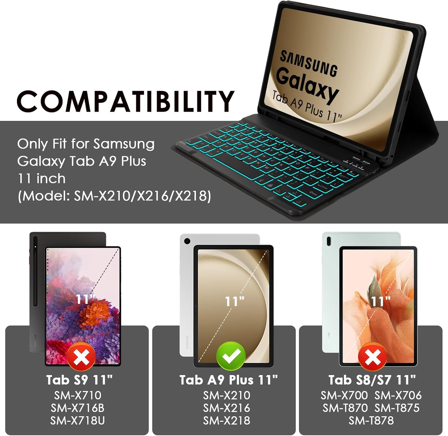 LAMA 7 Colors Backlit Keyboard Case with Mouse for Samsung Galaxy Tab A9 Plus/A9+ 11 Inch 2023 Model(SM-X210/X216/X218), Slim Stand Cover with Magnetically Detachable Wireless Bluetooth Keyboard, BK