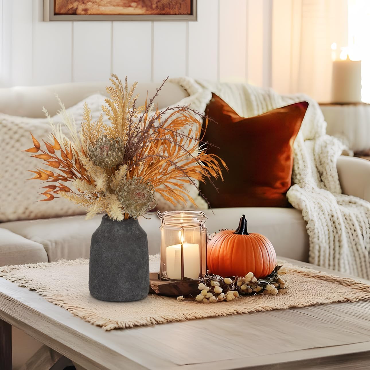 Hollyone Faux Fall Pampas Grass Decor with Vase, Artificial Pampas Grass Flowers Bouquet Plant in Ceramic Vase Fluffy Boho Home Fall Decor Fake Pompass Pompous Grass Autumn Floral Arrangement