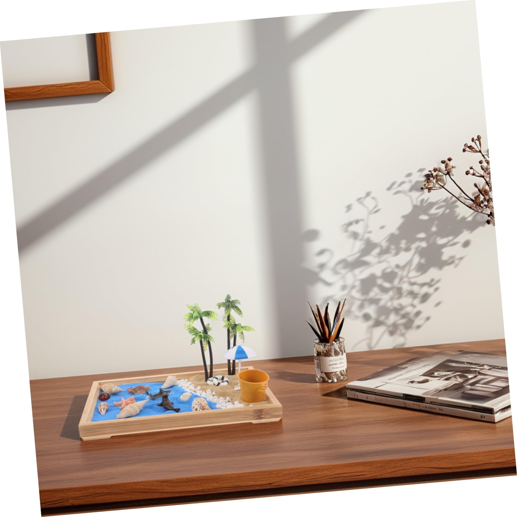 Mini Jardín Zen Japonés de Resina y Arena para Decoración de Mesa y Escritorio, Estilo Simple y Creativo Temática de Playa para Hogar y Oficina