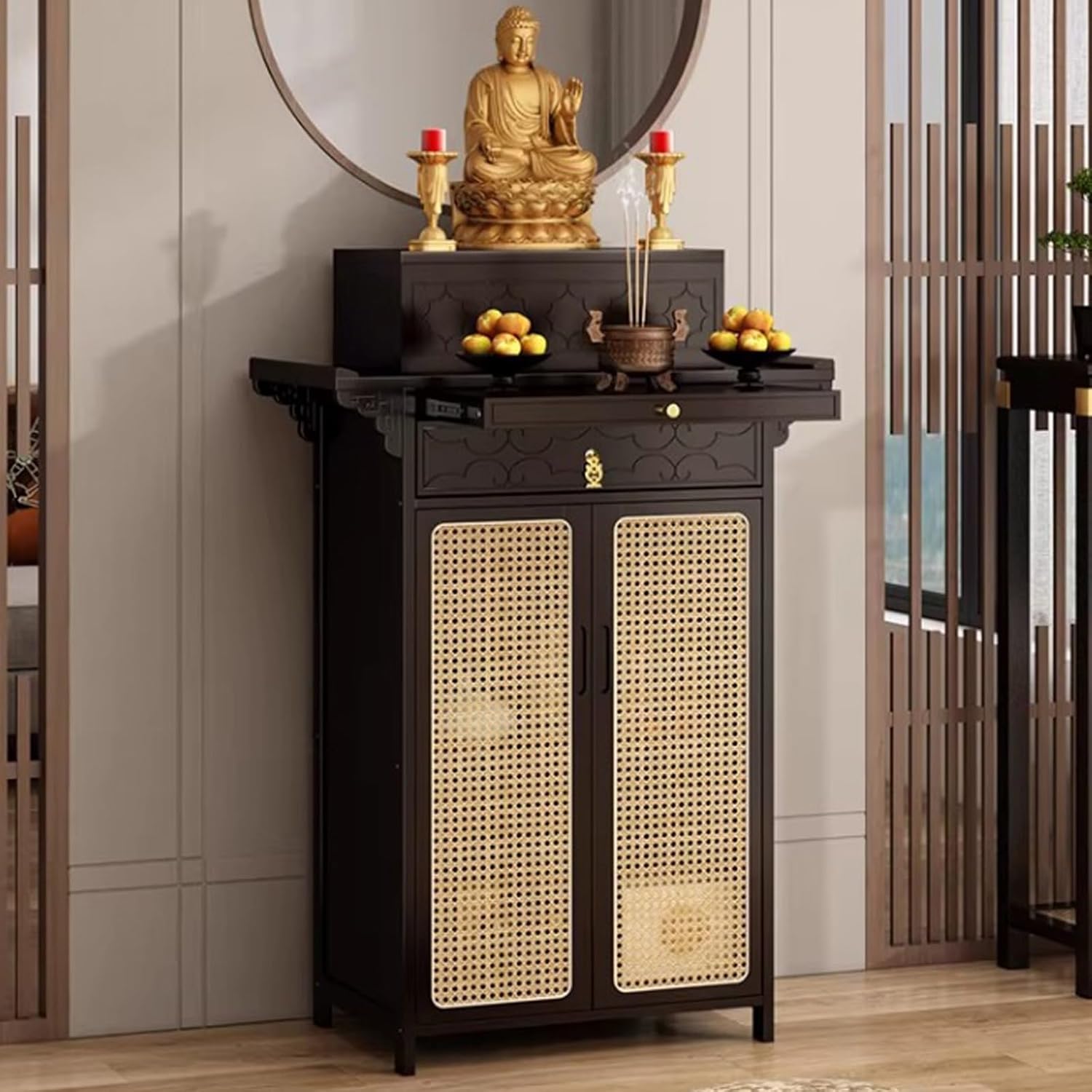 Chinese Shrine Altar Table with Storage, Bamboo Buddha Buddhist Altar Cabinet, Offering Meditation Table with Plastic Rattan Door, for Living Room, Temples(Black,100cm/39.3in)