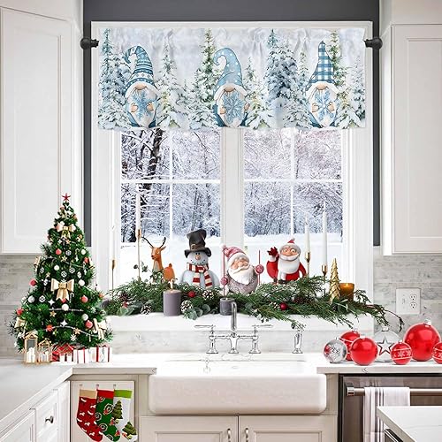 Cenefas de gnomo de invierno para cocina, cafetería, cenefa de ventana de pino nevado de Navidad, cortinas cortas de copo de nieve azul, 60 x 18