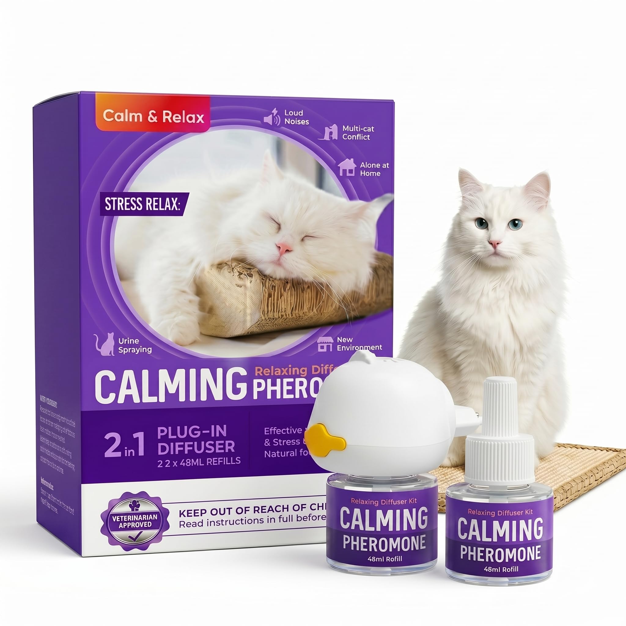 Diffusore Feromoni per Gatti 2 in 1, 1 diffusore + 2 ricariche da 48 ml | Calmante per Gatti Ideale per Antistress, Sostegno in Caso di Ansia, Stress e Altri Comportamenti | NF1