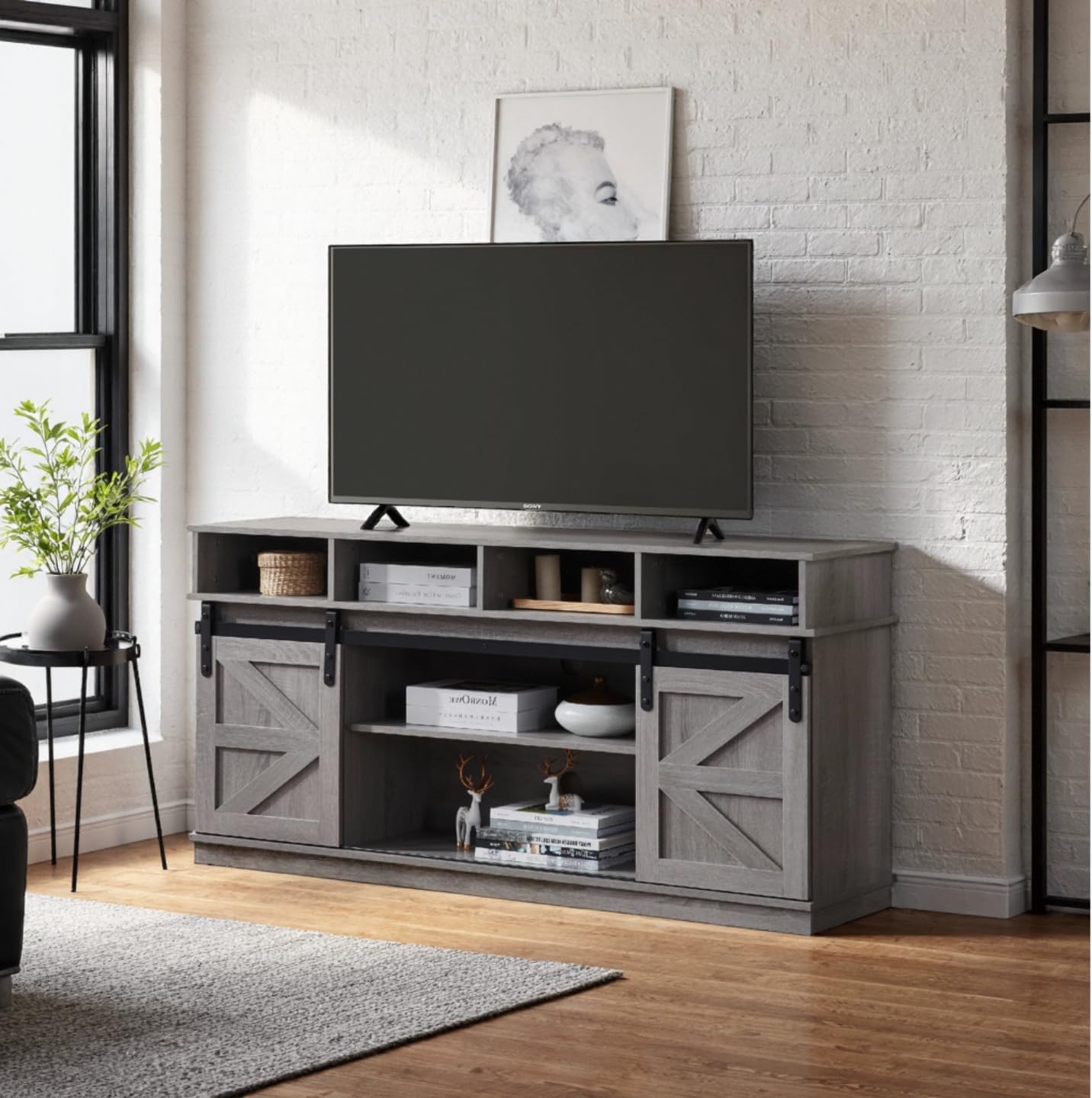 Farmhouse TV Stand for up to 65" TVs, Entertainment Center with Adjustable Shelves & Sliding Barn Doors, Rustic TV Stand Mid Century Modern for Living Room Bedroom Office Furniture, Gray